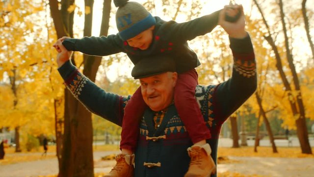 Grandfather playing with his grandson in the autumn park