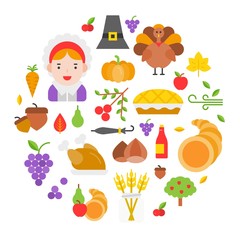 Thanksgiving icon arrange as circle shape for use as cover,background,wallpaper,backdrop.flat design