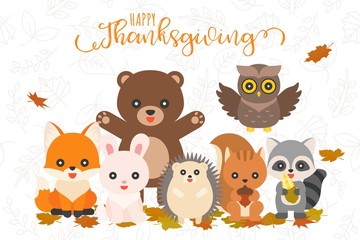 Naklejka premium Happy thanksgiving and cute animal character for use as banner,poster,flat design