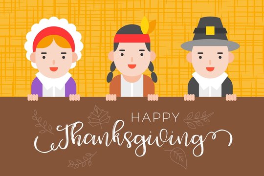 Happy thanksgiving background with pilgrim and native american,flat design for use as wallpaper
