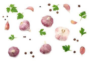 garlic and parsley isolated on white background. healthy food. top view
