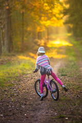 dziewczynka na rowerze w lesie. Piękna polska jesień - obrazy, fototapety, plakaty