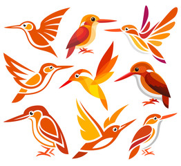 Set of Stylized Birds - Madagascar Pygmy Kingfisher in different styles