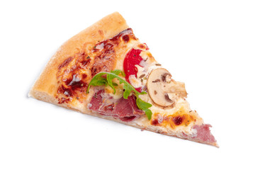 Slice of fresh italian classic original Pizza isolated on white background
