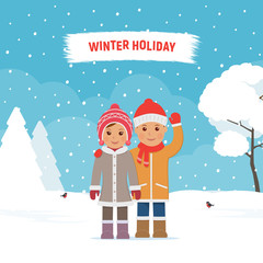 Couple hugging on background the winter city park. People in winter landscape. Concept winter recreation and activities. Christmas holidays. Vector illustration in flat style.
