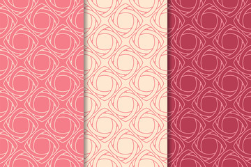 Cherry red geometric ornaments. Set of seamless patterns