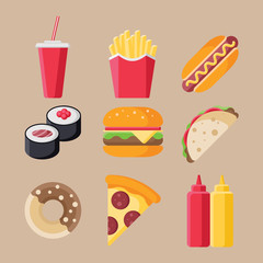 Set of fast food flat icons isolated on beige background. Collection of hamburger, cup, hot dog, sushi, taco, pizza, donut, ketchup and mustard sign symbols in flat style.