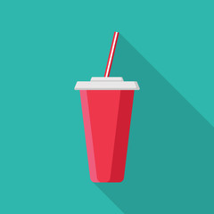 Paper drinking cup flat icon isolated on blue background. Simple cup in flat style, vector illustration for web and mobile design. Fast food elements vector sign symbol.