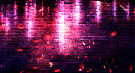 Empty brick wall background, night view, neon light, rays. Celebratory background.
