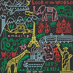 Travel set with lettering. Hand drawn vector illustration. Doodle style. Popular world symbols of tourism and traveling