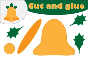 Christmas bell cartoon style, education game for the development of preschool children, use scissors and glue to create the applique, cut parts of the image and glue on the paper, vector illustration