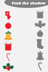 Find the shadow game with christmas pictures for children, education matching game for kids, preschool worksheet activity, task for the development of logical thinking, vector illustration