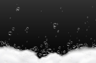 Foam effect isolated on black background. Soap, gel or shampoo bubbles overlay suds texture. Vector white soapy pattern. - obrazy, fototapety, plakaty