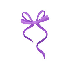 Beautiful purple bow made of thin satin ribbon. Bright decor for gift box. Flat vector element for postcard, invitation or flyer