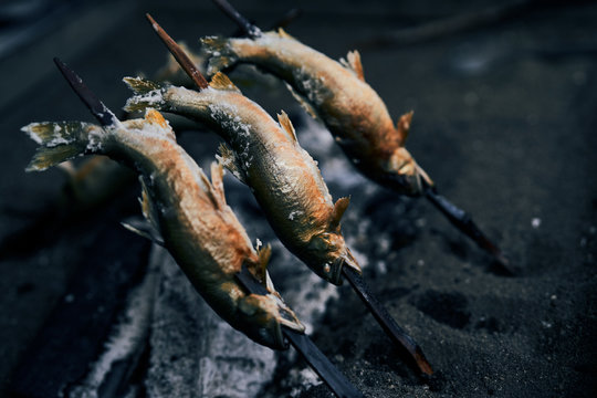 Grilled salmons with salt on metal rods