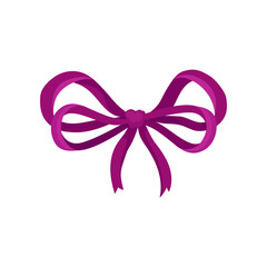 Cute bow made of thin bright purple satin ribbon. Beautiful decor for gift box. Flat vector element for postcard or promo flyer