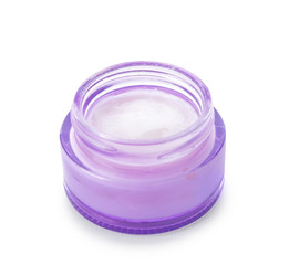 Jar with body cream on white background