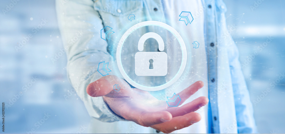 Poster man holding a padlock web security concept 3d rendering