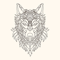 Graphic illustration of a chin wolf Preparing for a coloring page for adults. Linear drawing. Black and white logo © Viktoriya