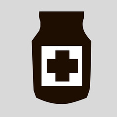 Medicine. Bottle Pills. Drugs from diseases. Vector illustration. Gray background.