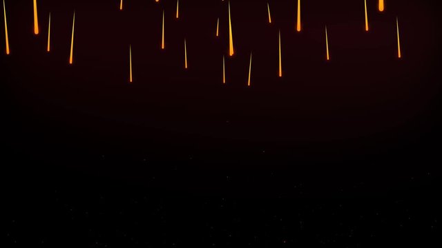 Rain of fire of fireballs or comets raining down setting ground aligh. Abstract animation of fire rain