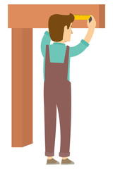 A carpenter is measuring the wood before he cut it