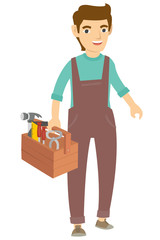 A carpenter walk and holding many tools for work