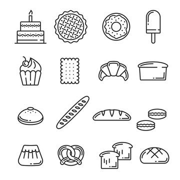 Vector bread and pastry bakery lineart icons