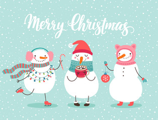 Christmas greeting card with cute snowmen.