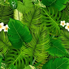 Behang Groen Tropische exotische planten, bloemen naadloos patroon