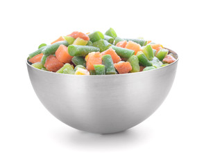 Bowl with frozen vegetables on white background