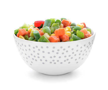 Bowl With Frozen Vegetables On White Background