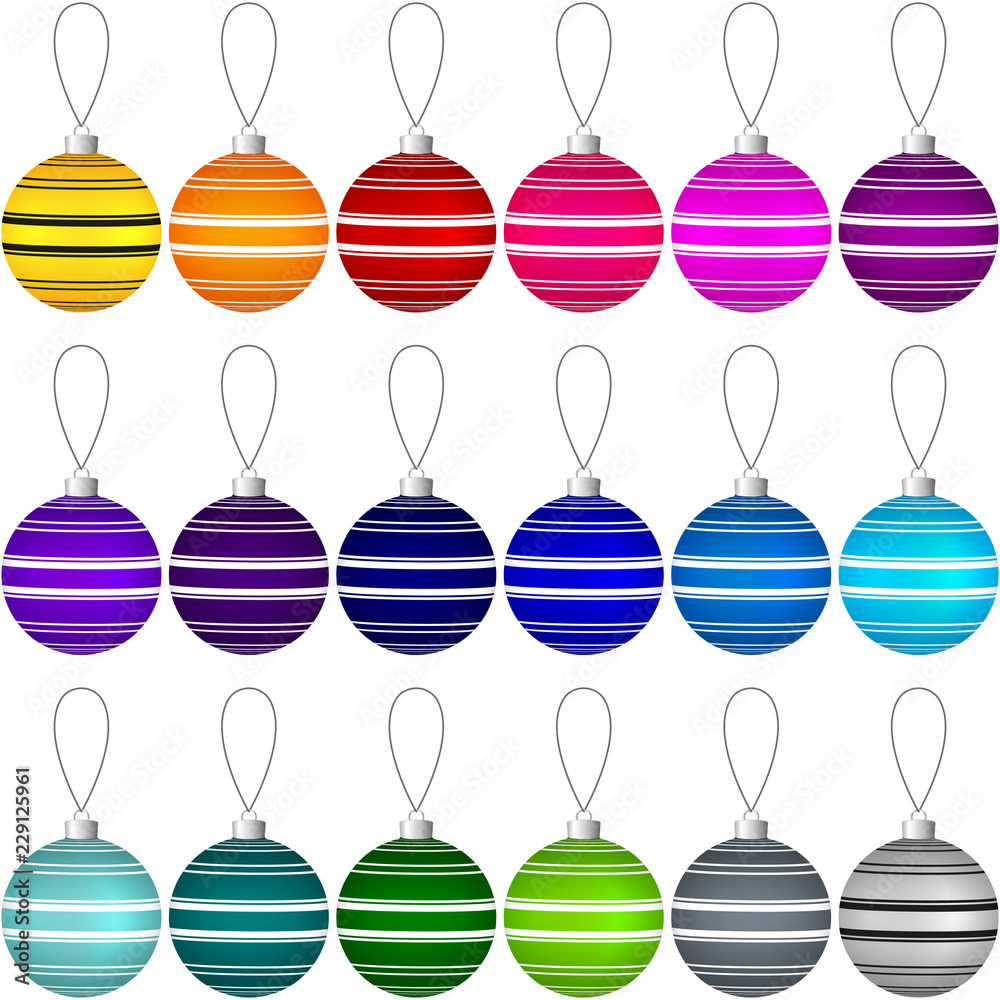 Poster colorful collection of christmas balls with pattern hanging on a thread. vector eps 10
