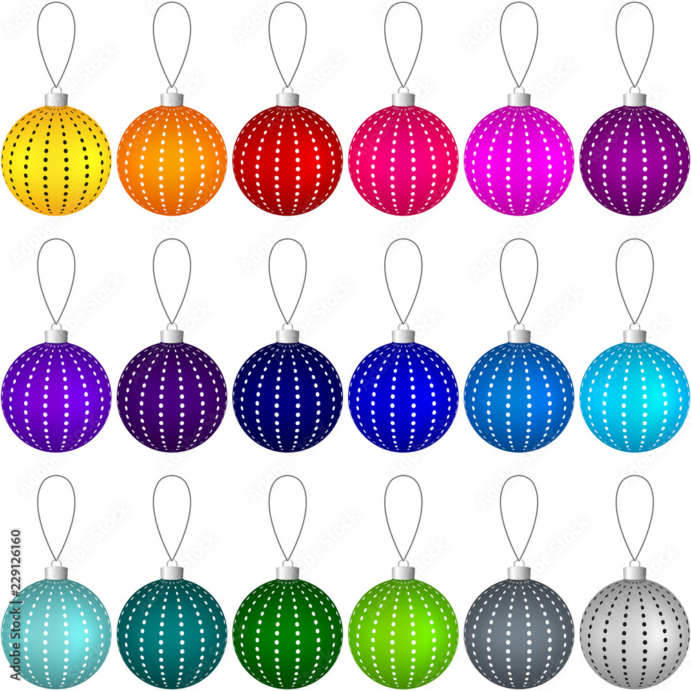 Poster colorful collection of christmas balls with pattern hanging on a thread. vector eps 10