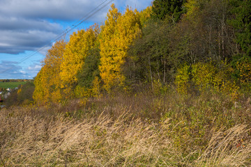 Panorama of Klin-Dmitrovsky ridge with villages and high voltage line in autumn, Sergiev Posad district, Moscow region, Russia
