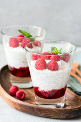 Breakfast Chia Pudding With Raspberries In A Glass. Closeup View. Vegetarian Breakfast Or Snack