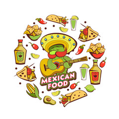 A set of popular Mexican fast food dishes. Vector illustration in cartoon style.