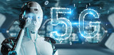 White cyborg woman using 5G network digital hologram 3D rendering