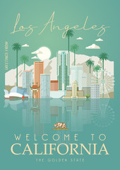Naklejka premium Szablon miasta wektor Los Angeles. Plakat Kalifornii w kolorowym stylu płaski.