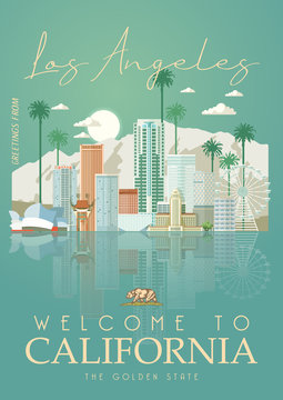 Los Angeles vector city template. California poster in colorful flat style.