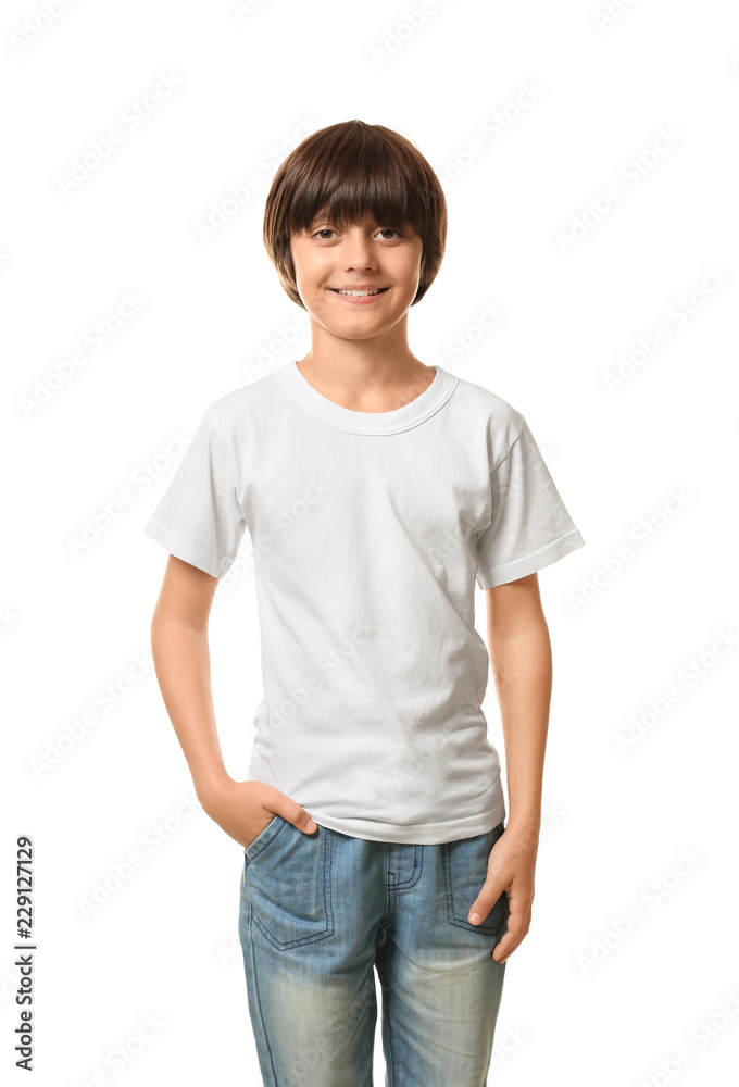 Wall mural Smiling little boy in t-shirt on white background