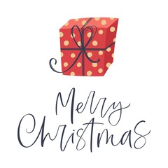 Fototapeta na wymiar Christmas greeting card with hand drawn lettering and gift box. Design for invitation, cards, banners. Isolated on white background.