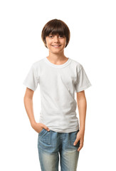 Smiling little boy in t-shirt on white background