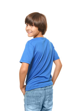 Smiling little boy in t-shirt on white background
