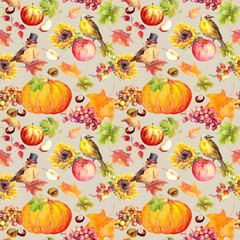 Thanks giving seamless background - birds, fruits, vegetables - pumpkin, apples, grape , autumn leaves. Vintage watercolor