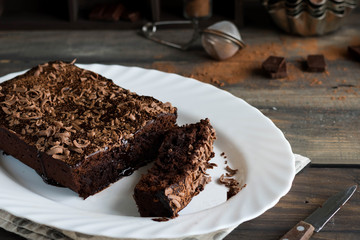 Chocolate pound cake with chocolate icing and chocolate chips