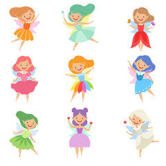 Cute beautiful little winged fairies, lovely girls with hair and dress of different colors vector Illustration on a white background