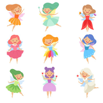 Cute beautiful little winged fairies, lovely girls with hair and dress of different colors vector Illustration on a white background