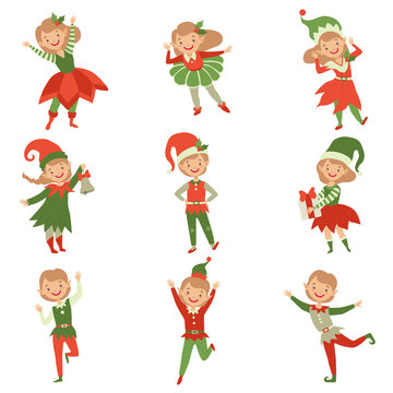 Cute playful boys and girls in elf costumes, little Santa Claus helpers characters vector Illustration on a white background
