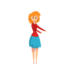 Woman pointing her hands to the side, female seller character vector Illustration on a white background
